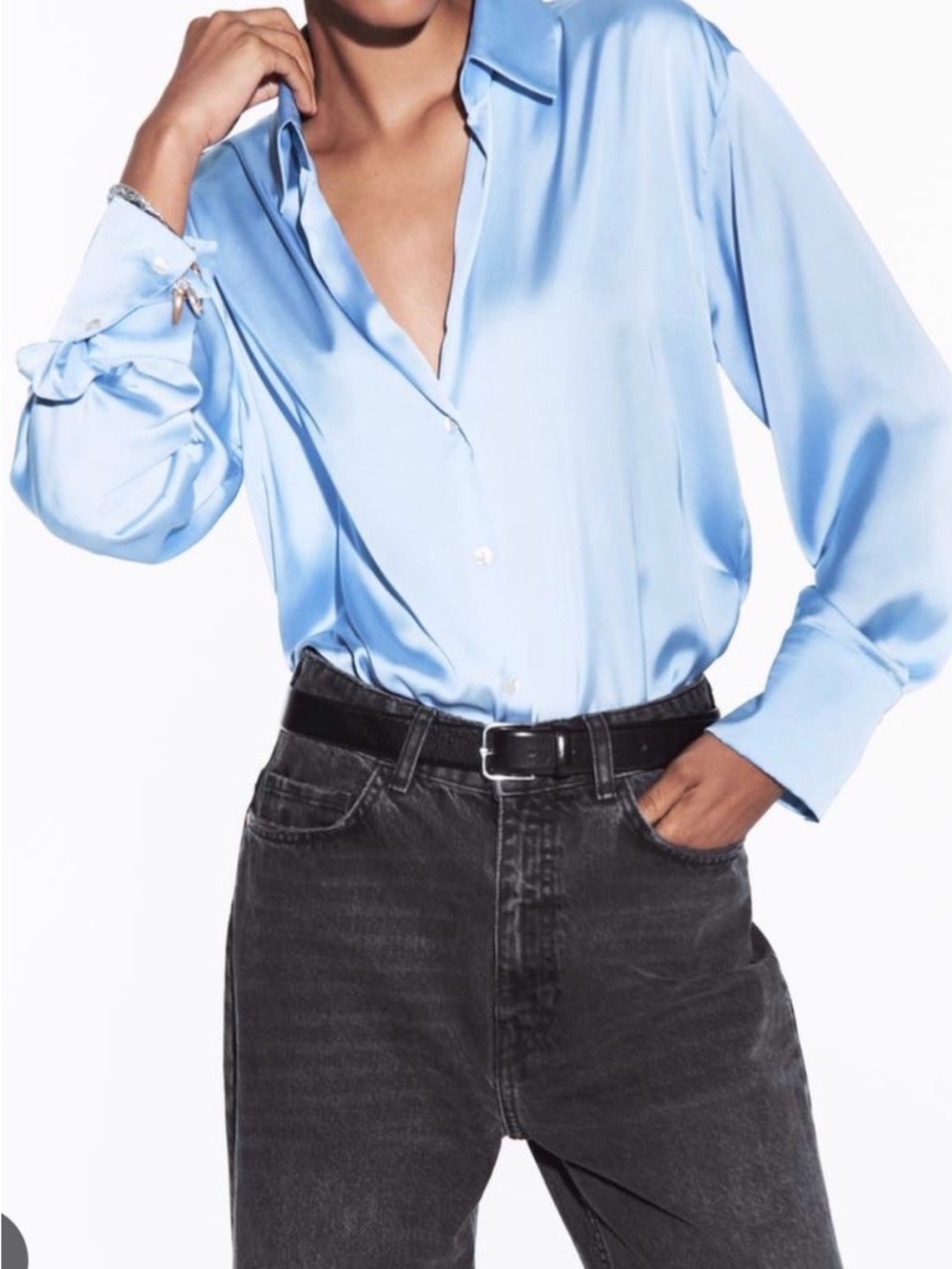 Zara Satin-Effect Long Sleeve Blouse (avail in Blue (M), Green (M), & Black (S))